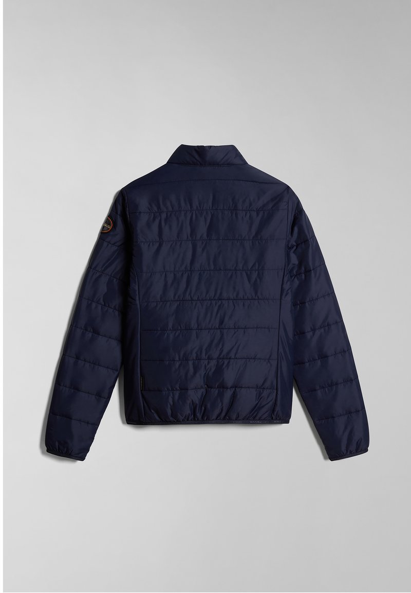 Giubbotto piumino blu navy con colletto alto, dettagli cuciti e polsini elasticizzati. Materiale liscio e leggero con silhouette aderente.