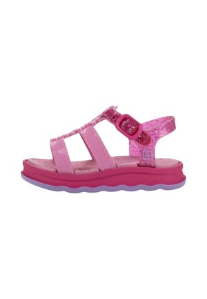 Sandalo rosa per bambini con cinturino regolabile glitterato, tre cinturini anteriori, suola imbottita e suola ondulata viola.