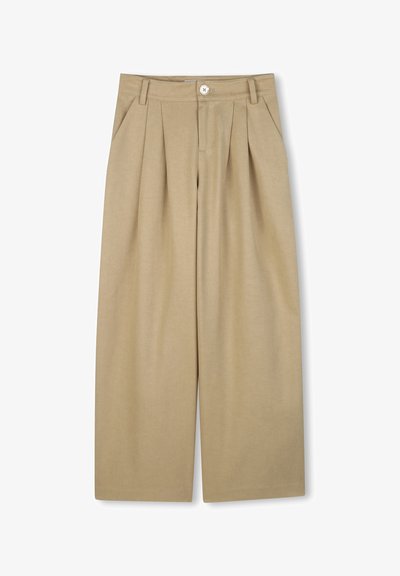 Bež široke hlače s ploščami, obročki za pas, stranskimi žepi in enim gumbom za zapiranje v pasu.