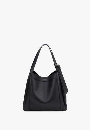 Borsa a tracolla in pelle nera con finitura testurizzata, parte superiore curva, manico corto e una tracolla lunga e regolabile. Presenta una tasca frontale.