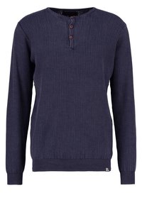 Pull-over à manches longues bleu marine, en tissu tricoté texturé avec un col henley, trois boutons, et des poignets et ourlet côtelés. Comprend une étiquette de marque.