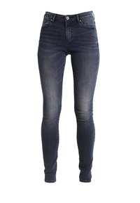 Mörkblå skinny jeans i denim med en klassisk femficksdesign, subtila blekningar och en knappstängning i midjan.