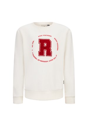 Crème-kleurige sweatshirt met een ronde halslijn, ribgebreide manchetten en onderrand. Heeft een grote rode geborduurde "R" en opdruk in een cirkelontwerp.