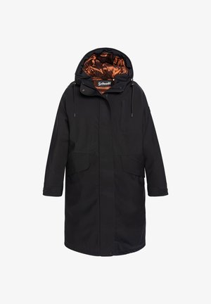 Czarna kurtka z kapturem, z pomarańczową podszewką, posiadająca dwie przednie kieszenie oraz regulowane sznurki przy kołnierzu i mankietach.