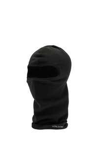 Balaclava en polaire noir avec ouvertures pour les yeux. Texture lisse, design ajusté, et étiquette de marque à la base. Ajustable pour le confort.