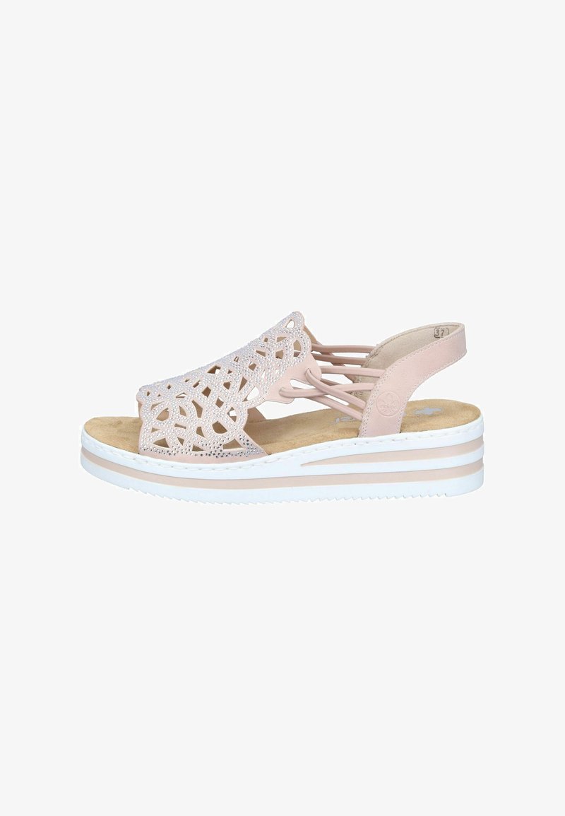 Pink wedge sandal with cutout floral pattern, elastic straps, cushioned footbed, and white-striped sole in size 37.