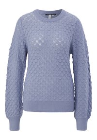 Pull en tricot violet clair avec motif texturé festonné, col rond, manches longues et poignets et ourlet côtelés.