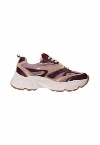Chaussure de sport violette et beige avec des panneaux en maille, une languette rembourrée, une semelle en caoutchouc et des accents décoratifs ; possède une languette ronde à l'arrière.