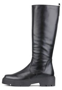 Bota negra de cuero hasta la rodilla con un acabado suave, punta redondeada y suela de goma gruesa. Cuenta con una cremallera lateral para facilitar su uso.