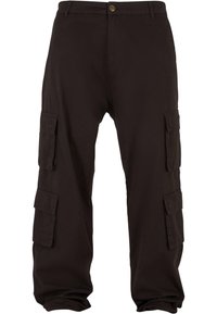 Pantalon cargo marron foncé avec plusieurs poches à rabat sur chaque jambe et fermeture par bouton et fermeture éclair à la taille.