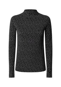 Fekete hosszú ujjú garbós póló fehér szabálytalan pöttyökkel, testhezálló fazonban, egy sima fehér háttéren bemutatva.