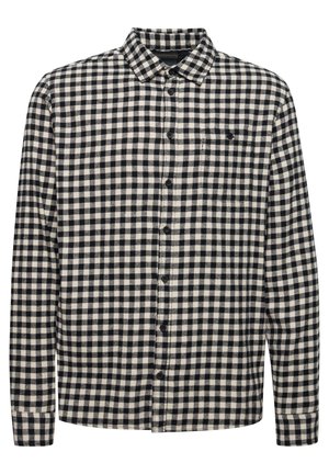 Cămașă în carouri negru și crem din flanel, cu guler, închidere cu butoane și un singur buzunar pe piept. Textură moale și mâneci lungi.