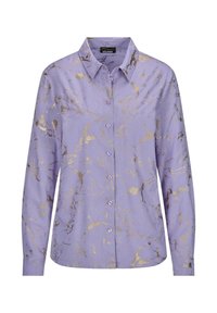Chemise lilas à manches longues avec boutons, motif marbre doré, col classique et poignets, présentée sur fond blanc.