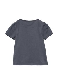 Donkergrijze T-shirt met korte mouwen, een ronde halslijn en opgeblazen mouwaccenten. Zachte katoenen stof, gladde textuur en eenvoudig ontwerp.