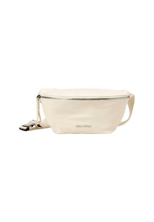 Sac en bandoulière couleur crème avec un haut zippé et une sangle ajustable, arborant un logo subtil et une texture lisse et douce.