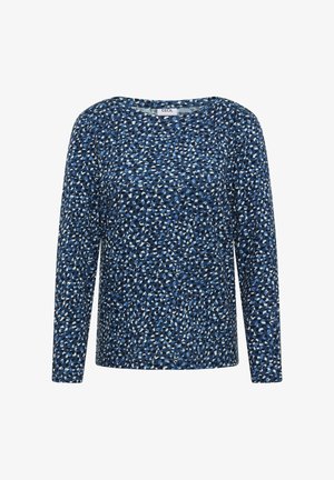 Haut à manches longues bleu avec un motif abstrait multicolore, encolure ronde et en tissu doux avec une coupe décontractée. Pas de matériel visible.