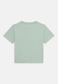 Lys grøn kortermet t-skjorte laget av myk stoff, med rund hals og et enkelt design uten mønstre eller utsmykkinger.
