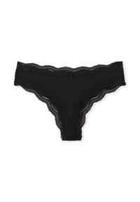 Schwarze Spitzenstringunterwäsche mit gewelltem Rand und einem kleinen Schleifendetail in der Mitte, gefertigt aus einem glatten Stoff mit weicher Textur.