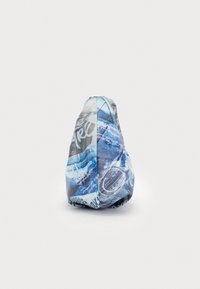 Blue and gray patterned backpack with graphic designs and text, featuring a rounded shape and soft texture. Design covers front and sides.