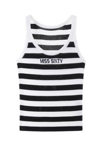 Sort og hvid stribet tanktop med ribbet tekstur og rund halsudskæring, med "MISS SIXTY" broderet i midten foran.