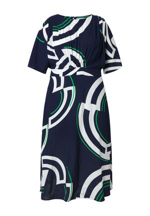 Marineblaues knielanges Kleid mit weißen und grünen abstrakten, geschwungenen Streifenmustern, kurzen Ärmeln und taillierter Passform.
