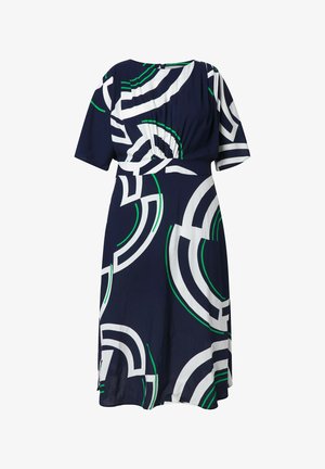 Marineblå knælængde kjole med hvide og grønne abstrakte buede stribemønstre, korte ærmer og taljeret pasform.