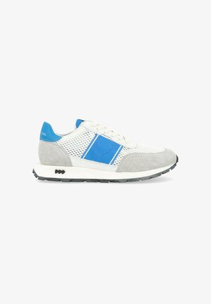Men's sneakers featuring a mesh upper with blue accents, grey suede details, textured panels, and a black rubber outsole.