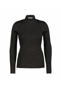 Sort ribbet turtleneck sweater med lange ærmer og tætsiddende silhuet. Stoffet inkluderer subtile metaltråde for en glitrende effekt.