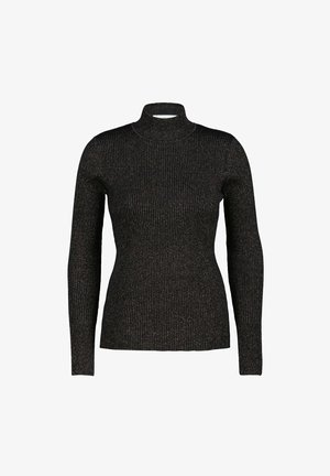 Sort ribbet turtleneck sweater med lange ærmer og tætsiddende silhuet. Stoffet inkluderer subtile metaltråde for en glitrende effekt.