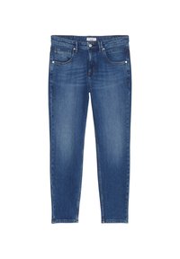 Jeans in denim blu con una vestibilità slim, cinque tasche e chiusura a bottone classica. Presentano leggere scoloriture e dettagli di cucitura sottili.