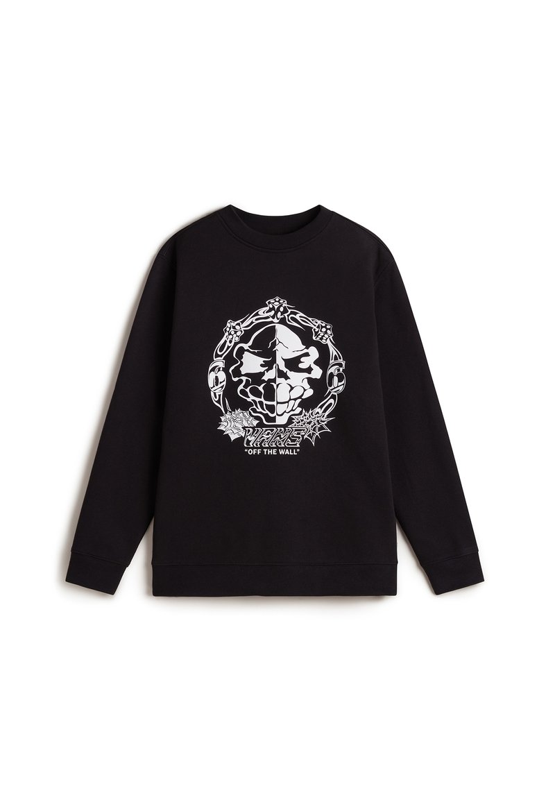 Felpa nera realizzata in cotone con maniche lunghe. Presenta una grafica bianca di un teschio con cuffie e il testo "OFF THE WALL."