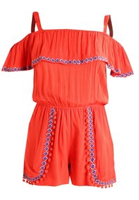 Red off-the-shoulder romper with ruffled neckline, decorative blue embroidery, and pom-pom accents along the sides and hem.
