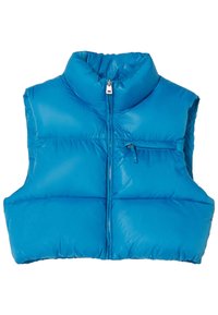 Blå pufferväst med hög krage, frontdragkedja och en liten ficka med dragkedja. Tillverkad av skinande, isolerat material med ett vadderat mönster.