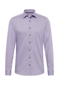 Paarse shirt met lange mouwen, voorzien van een stippenpatroon, kraag en zwarte knopen. Gemaakt van stof met een gladde textuur en een getailleerde pasvorm.