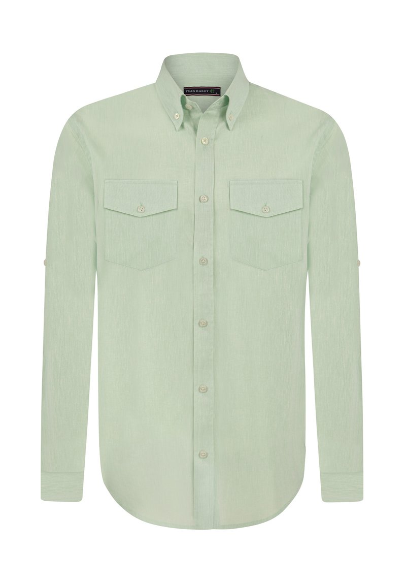 Chemise long à manches longues verte clair avec col boutonné, deux poches poitrine et ourlet arrondi ; fabriquée dans un tissu texturé.