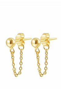 Goldfarbene Ohrringe mit einer sphärischen Akzentuierung und Kettendetails, mit Steckverschluss und glänzender Oberfläche.