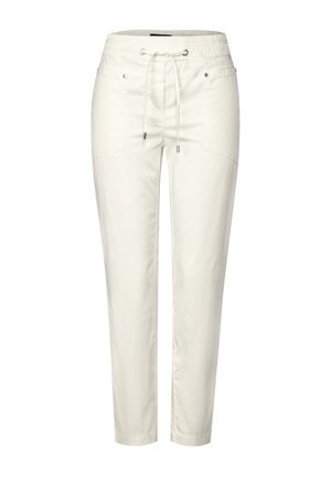 Pantalones jogger de mezcla de algodón de color claro con cintura elástica, cordón y dos bolsillos frontales. Textura suave; diseño de pierna ajustada.