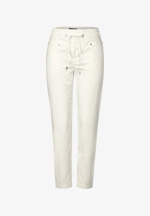 Pantalons de jogging en coton mélangé de couleur claire avec une taille élastique, un cordon de serrage et deux poches avant. Texture lisse ; design de jambe fuselée.