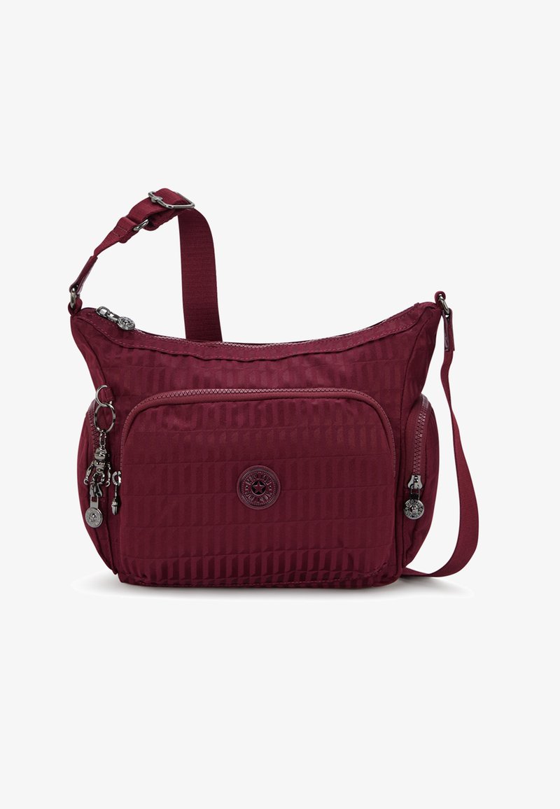 Borse a tracolla color bordeaux realizzata in nylon testurizzato, dotata di un compartimento principale con zip, tasca frontale e dettagli hardware decorativi.