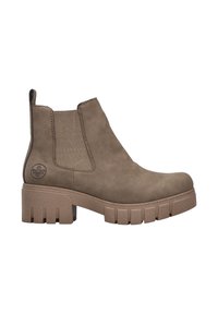 Botte Chelsea en daim taupe avec semelle à crampons épaisses, panneaux latéraux élastiques, languette et bout rond, présentée sur fond blanc.