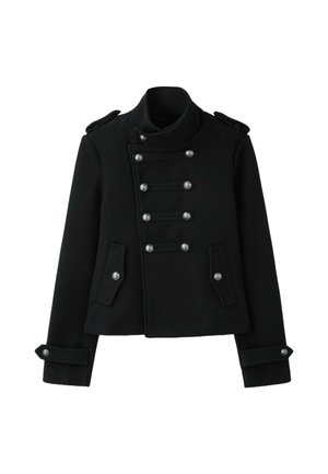 Black military-style jacket with silver buttons, high collar, shoulder straps, and flap pockets, displayed on white background.