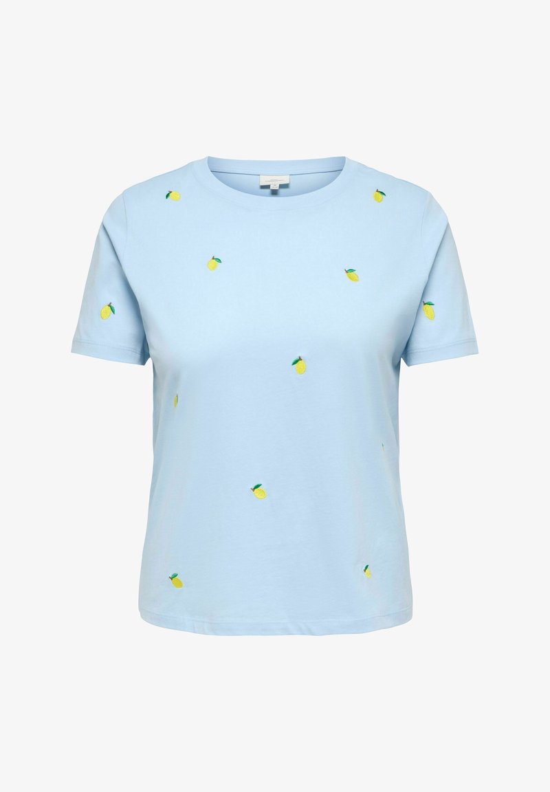 Lyseblå T-shirt med korte ærmer og små gule citronbroderier spredt over forsiden og ærmerne.