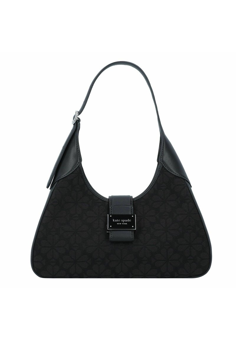 Black handbag with a curved shape, textured fabric, leather accents, and a central plaque featuring the brand name, "kate spade."