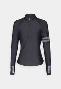 Black long-sleeve athletic top with a half-zip collar, featuring reflective stripes on the left arm and "STRONGER" text on the right sleeve.