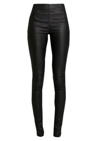 Pantalon en cuir noir taille haute, ajusté, avec des détails de couture subtils et une texture lisse et brillante.