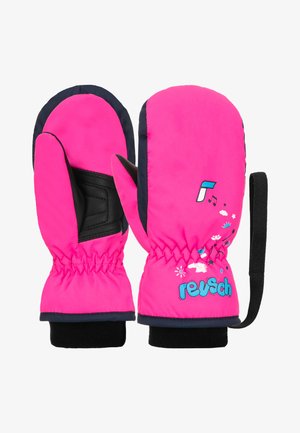 Mittens rosa brillante con bordo blu navy, dotate di polsini elasticizzati, interno nero e grafiche giocose che includono note musicali e nuvole.