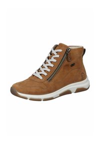 Bruine suède hoge sneakers met witte veters, rits aan de zijkant, rubberen zool en textuurdetails aan de zijkanten.