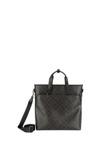 Borsa tote a motivo quadrettato nero e marrone con manici in pelle, tracolla regolabile e dettaglio del logo sul fronte. Texture opaca.