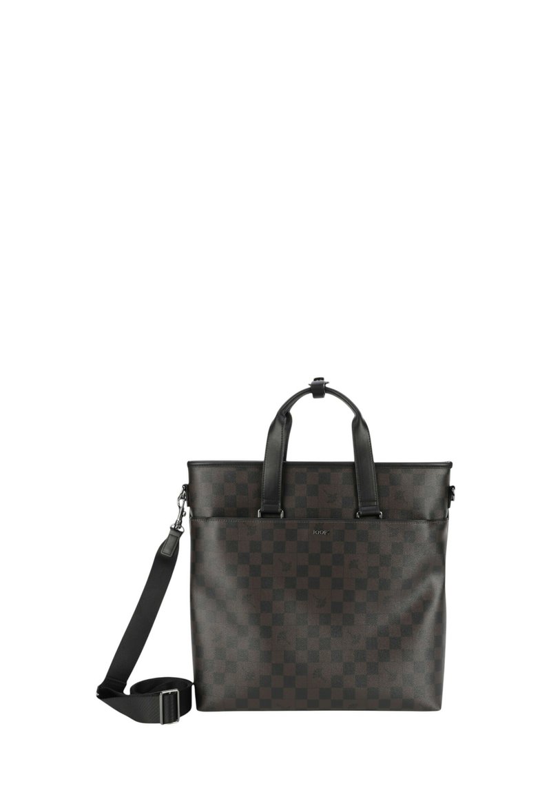 Borsa tote a motivo quadrettato nero e marrone con manici in pelle, tracolla regolabile e dettaglio del logo sul fronte. Texture opaca.