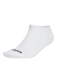 Calcetines tobilleros blancos con un diseño sin costuras, hechos de un tejido suave. Presentan un logotipo negro impreso en el lateral.